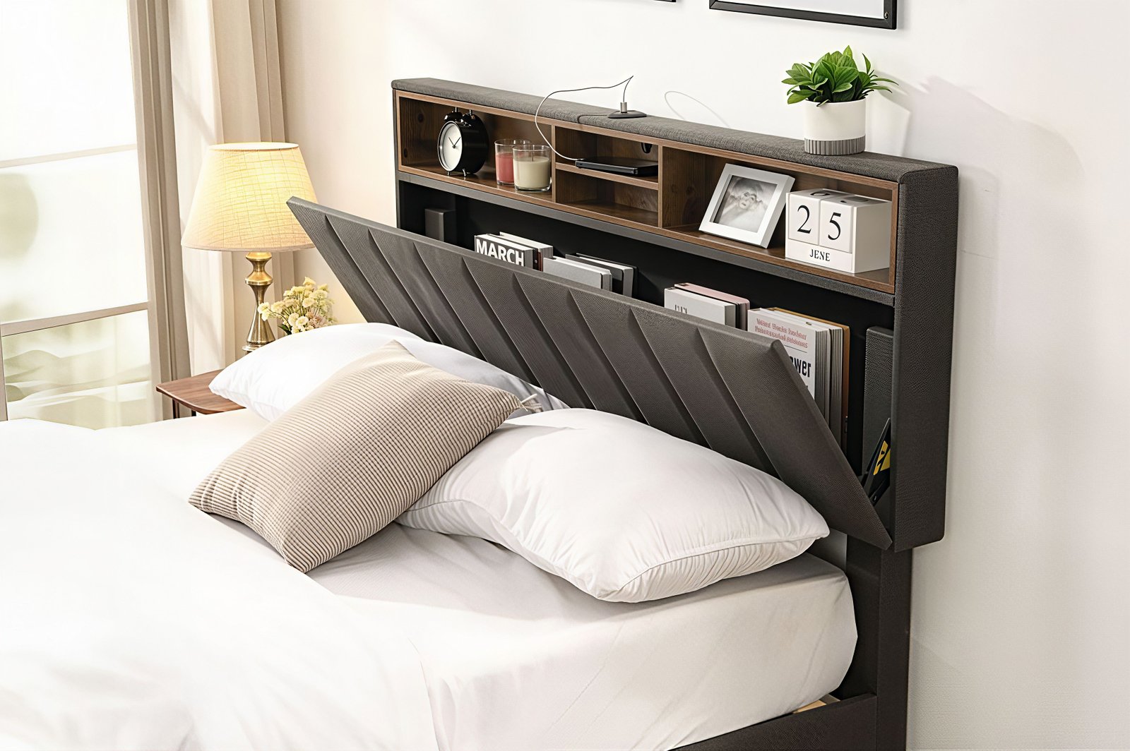 LYXON™ SMART STORAGE PLATFORM BED WITH SHELVING & USB – T2178