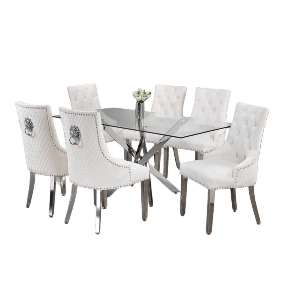 Luxurious Glass Dining Set with Velvet Lion Knocker Chairs – Model T-1448