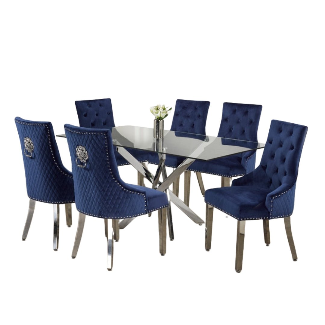 Luxurious Glass Dining Set with Velvet Lion Knocker Chairs – Model T-1448
