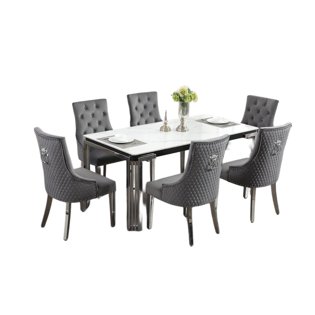 Ceramic Marble Dining Set with Lion Knocker Velvet Chairs – T-1274