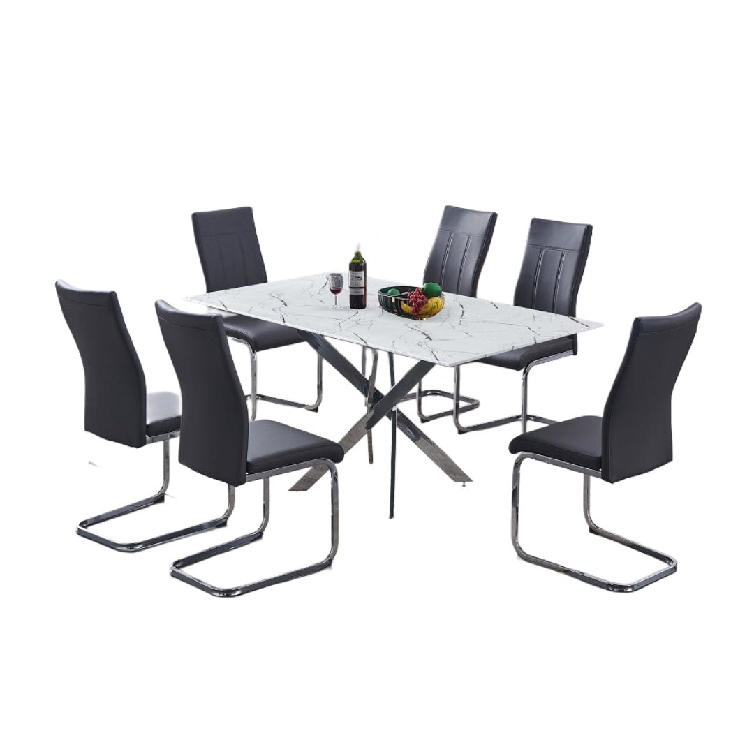 Modern Marble Glass Dining Set with Chrome Legs – Model T-1442