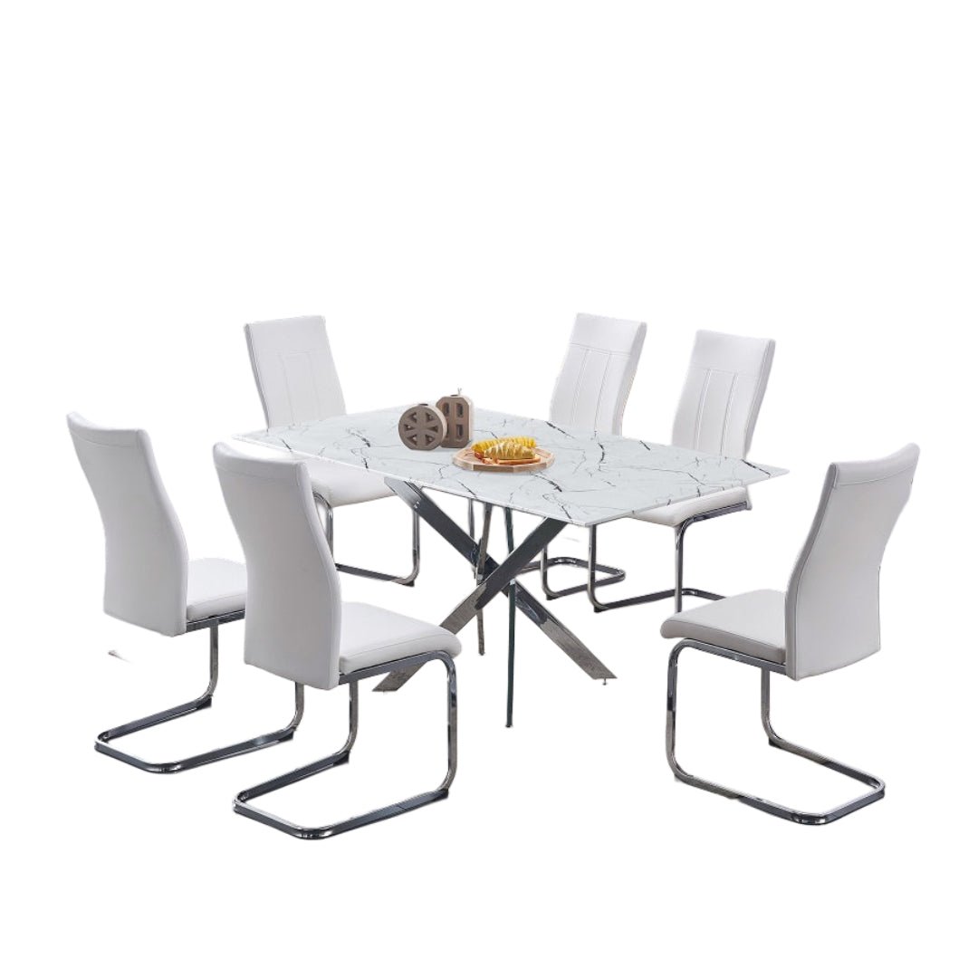 Modern Marble Glass Dining Set with Chrome Legs – Model T-1442