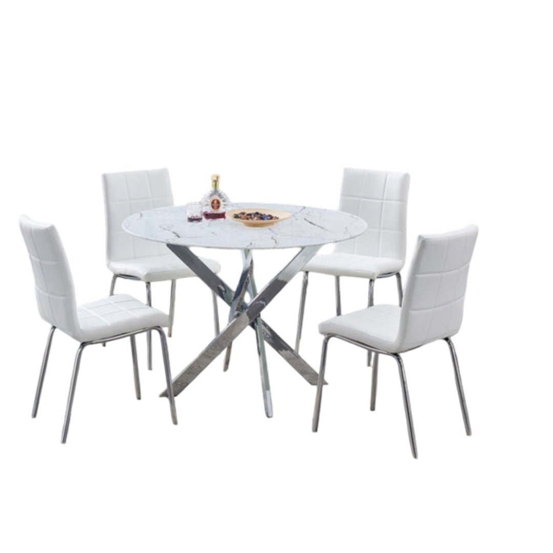 Round Marble Glass Dining Set with Chrome Legs – Model T-1445