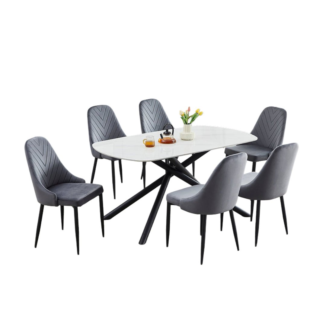 White Sintered Stone Dining Set with Velvet Chairs – T-1530