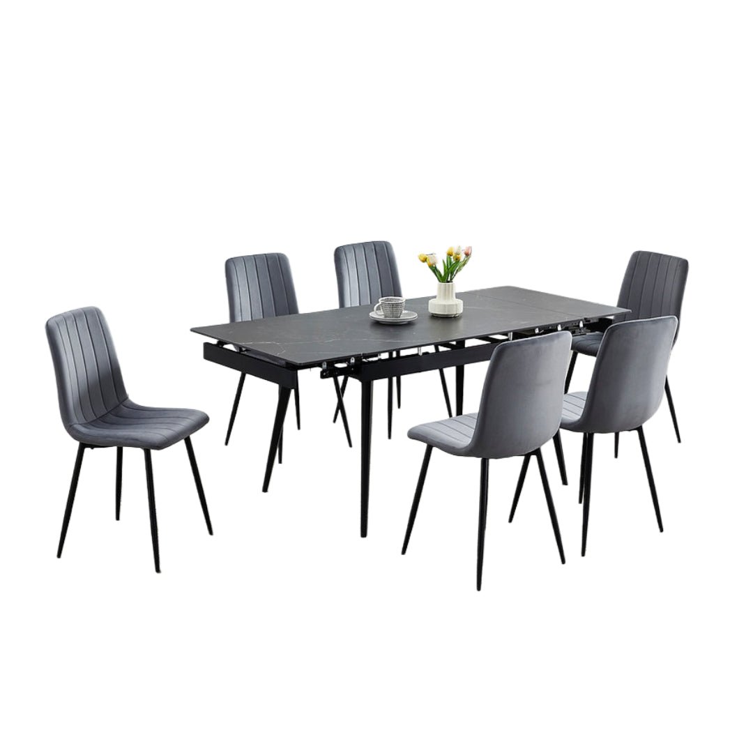 Black Sintered Stone Extension Dining Set with Velvet Chairs – T-1472