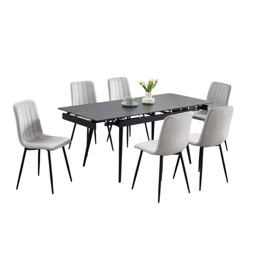 Black Sintered Stone Extension Dining Set with Velvet Chairs – T-1472