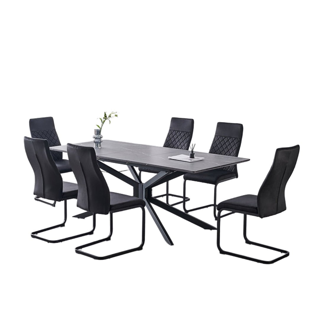 Faux Grey Marble Extension Dining Set with Velvet C-Base Chairs – T-1570