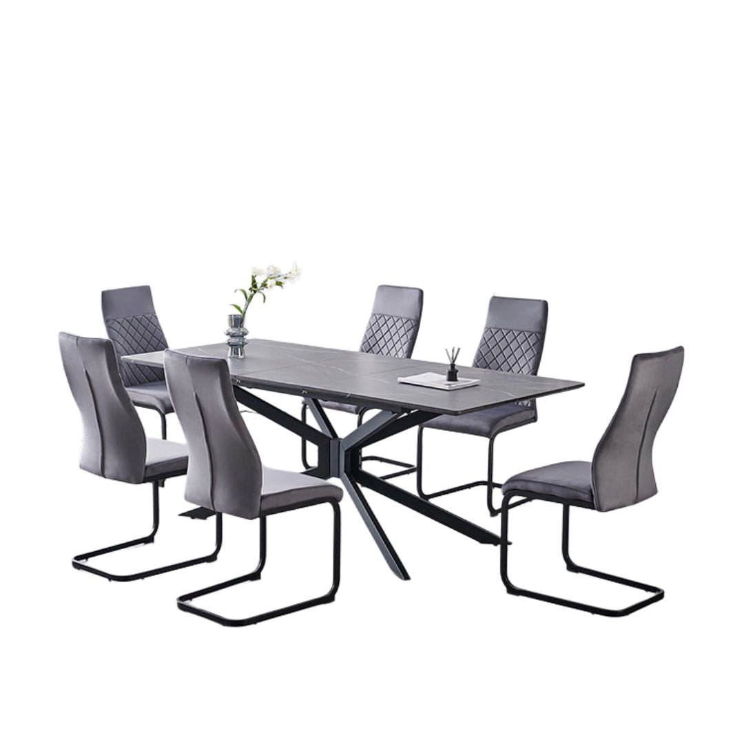Faux Grey Marble Extension Dining Set with Velvet C-Base Chairs – T-1570
