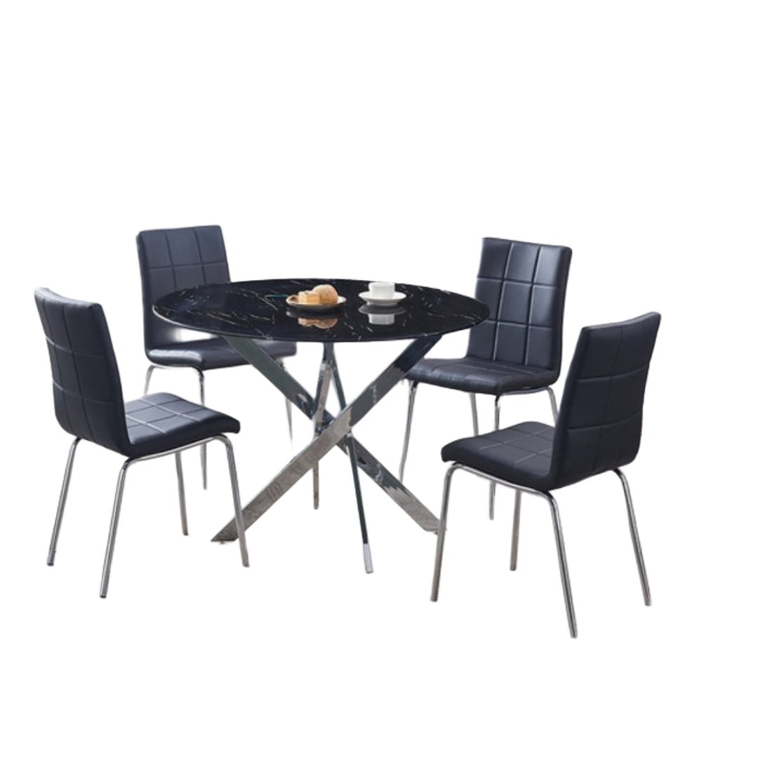 Round Black Marble Glass Dining Set with Chrome Legs – Model T-1446